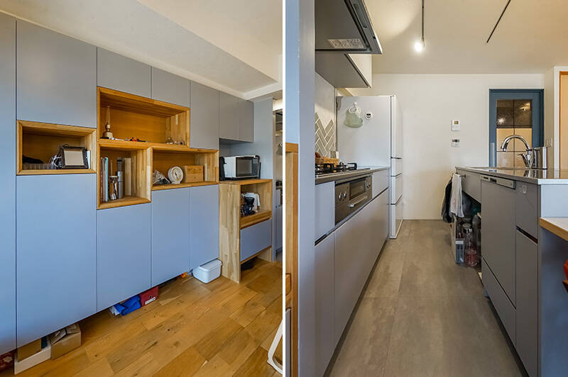 <b>左・</b>“隠す” と “見せる” のバランスグッドな造作収納。調理家電を置くスペースまで用意されていて、使い勝手がよさそうです。／<b>右・</b>アイランドキッチンは二型を採用。床には清掃性のいいタイルが施されています。 