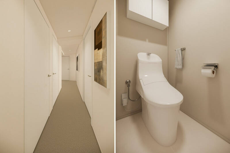<b>左・</b>カーペット敷きの廊下。左手に水まわり、右手には３つの洋室へのドアが並びます。／<b>右・</b>トイレは吊り戸棚付き。