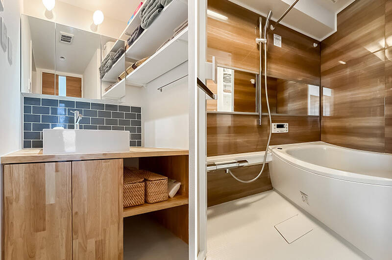 <b>左・</b>ミラーボックスにタイルなど、収納力と可愛さを兼ね備えた洗面台。／<b>右・</b>浴室乾燥機付きのバスルーム。