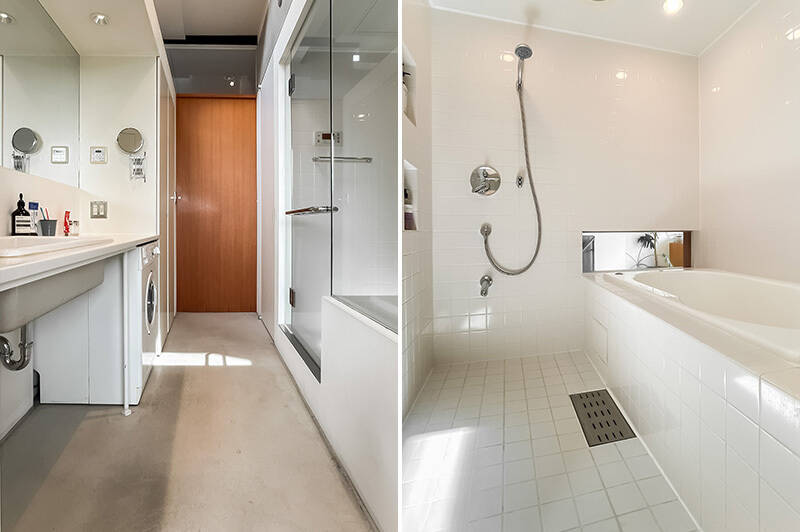 <p><b>左・</b>オールホワイトの洗面脱衣室。正面の引き戸を開けると洋室Ｂへアクセスできます。右手にはバスルームとトイレが。／<b><b>右・</b></b>浴室のドアはガラス張り。デザイン性の高い在来工法です。</p>