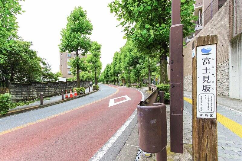 物件へのアクセスルートのうちのひとつ「富士見坂」。なかなかの急勾配ですが、美しく舗装された並木道なので気分よく歩けるはず（筆者談）。ぜひ歩いてみてください！