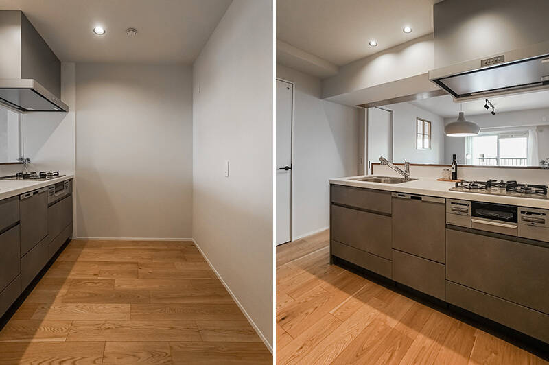 <b>左・</b>キッチン背面には食器棚などを置くスペースを確保しています。／<b>右・</b>食洗機や３口コンロを完備。キッチン面材はグレーの石目調でクールな雰囲気です。