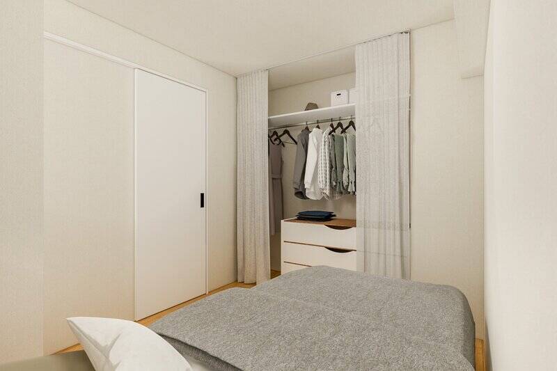 ベッドやカーテン、収納が入るとこんな雰囲気。シングルベッドが置けるサイズ感です。（CG画像）