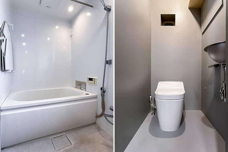 <b>左・</b>シンプルなユニットバス。／<b>右・</b>ソリッドな印象のトイレ。手洗いボウル付きです。
