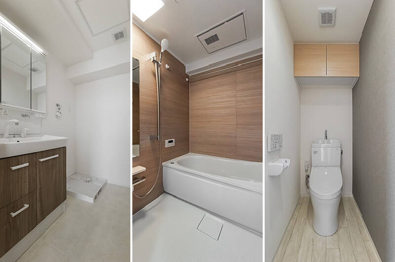 <b>左・</b>キッチンの背面にある洗面室。／<b>中央・</b>広々とした1418サイズの浴室。浴室乾燥機も備わっていますよ。／<b>右・</b>トイレは、ライトグレーのアクセントクロスで落ち着きのある空間に。