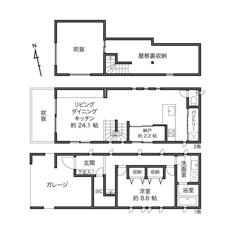 「1LDK」と言いつつも、ふたつに分けても使える広さの洋室やキッチン手前の納戸スペース、屋根裏収納など、大小さまざまな空間が用意されています。