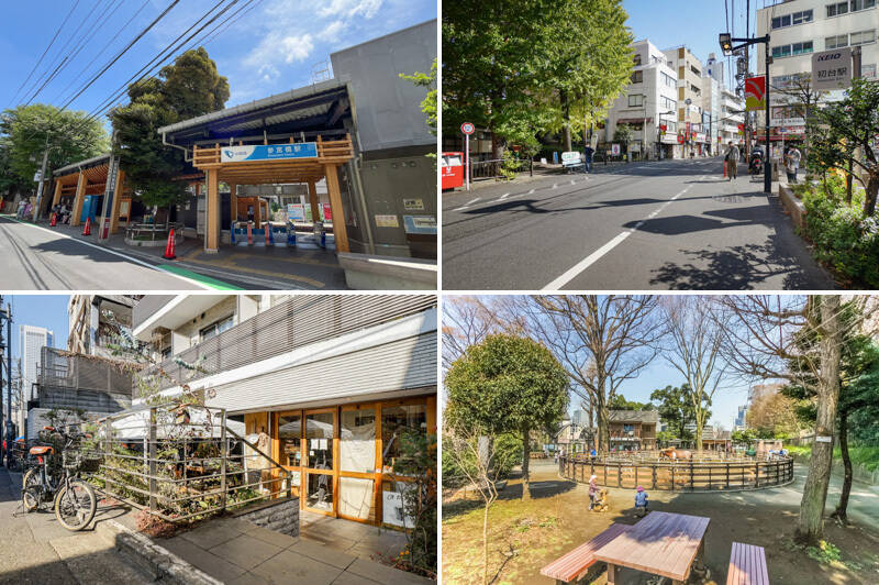 <b>左上・</b>最寄りは小田急線の「<b>参宮橋</b>」駅。都心のエアポケットのような街です。（徒歩７分）／<b>右上・</b>京王新線「初台」駅にも徒歩８分。「<b>東京オペラシティ</b>」など近代的なビルがある一方、ローカルな商店街があるのも魅力です。／<b>左下・</b>以前カウカモマガジン『街の先輩に聞く！』連載で “参宮橋の先輩” として取材させていただいた、イタリア料理とナチュラルワインのお店「<b>LIFE son</b>（ライフサン）」。ベーカリーも併設されていますよ。（徒歩６分）／<b>右下・</b>無料で乗馬体験ができる「<b>渋谷区立 代々木ポニー公園</b>」。お子さまと一緒にポニーの頭をなでたり、にんじんを食べさせてはいかがでしょう。（徒歩５分）