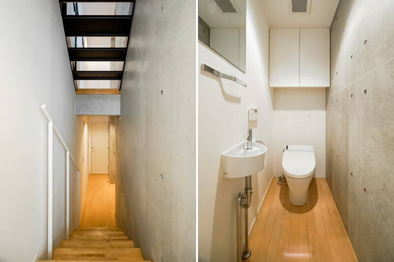 <b>左・</b>さらに下りて、地下１階へ。こちらにはトイレ（その１）と、アレがあるのです……／<b>右・</b>小さな手洗い器を完備したトイレ。