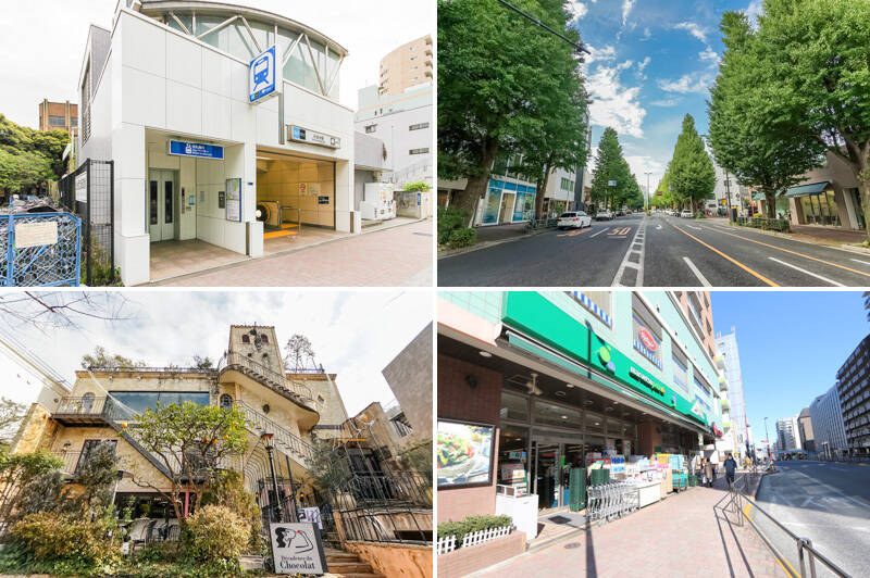 <p><b>左上・</b>最寄りは東京メトロ南北線・都営地下鉄三田線<b>「白金台」駅（徒歩４分）</b>。お隣の「目黒」駅までは乗車時間約２分、徒歩でも14分ほどです！／<b>右上・</b>おしゃれなショップや飲食店が並ぶことで有名な「<b>プラチナ通</b>り」が日々の通り道。街路樹の銀杏は、夏は青々と、秋は黄金色に色付きます。（徒歩２分）／<b>左下・</b>通りで一際目立つ建物は「<b>Cafe La Bohème Shirogane</b>（カフェ ラ ボエム）」。豪華な雰囲気の中でイタリアンをどうぞ。（徒歩３分）／<b>右下・</b>毎日のお買い物は<b>24時間営業の「マルエツプチ 白金台店</b>」が便利そう。おしゃれエリアなので不安でしたが、スーパー、あってよかった……（徒歩４分）</p>