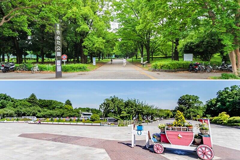 <b>上・</b>四季折々の表情を見せてくれる「砧公園」が暮らしの一部に。敷地内の「世田谷美術館」は展示のほか、ワークショップなどのイベントも充実しています。（徒歩10分）／<b>下・</b>2023年11月にリニューアルオープンした「馬事公苑」。遊具やレストランがあり、タイミングによってはお馬さんを見かけることも♪（徒歩15分）