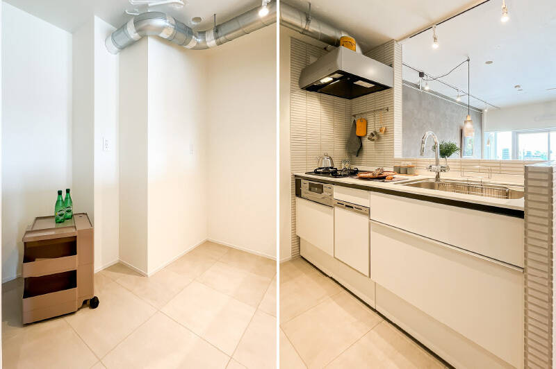 浄水器・食洗機付きのシステムキッチン◎ キッチンスペースの床は清掃性のいいタイル貼りです。