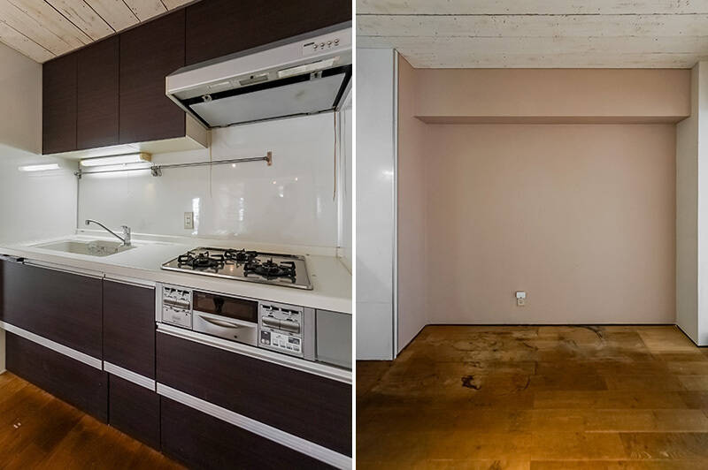 <b>左・</b>壁付タイプのややコンパクトなキッチン。食洗機の代わりにたっぷり収納を備えたタイプです。／<b>右・</b>家電やカップボードは右手のスペースに配置できそう。さりげないピンクベージュの塗装が、温かみある木の天井とよくマッチしています。