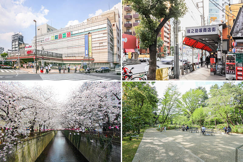 <b>左上・</b>改めまして……物件の最寄りは、合計４路線が利用可能な「目黒」駅。駅ビル「アトレ目黒」内には飲食店・アパレル・書店などが充実しています。（徒歩７分）／<b>右上・</b>目黒通りの坂を少し下ると、個性的な飲食店が建ち並ぶ「権之助坂商店街」が。美味しい居酒屋やＢ級グルメの店など、その数なんと約250店舗。寄り道しすぎないようにご注意を。（徒歩５分）／<b>左下・</b>桜の名所「目黒川」は物件から坂を下ること徒歩６分の場所に。川沿いには大きな公園もあります。／<b>右下・</b>アール・デコの魅力溢れる建物と優雅な庭園は必見！「東京都庭園美術館」は、マンションから徒歩９分の場所に。併設のカフェも、とっても雰囲気がいいんです♡