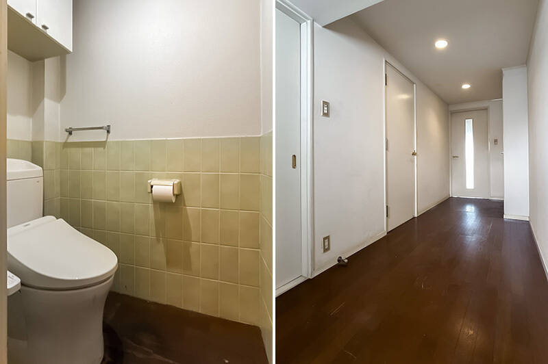 <b>左・</b>トイレのタイルがレトロ可愛い。リノベのインスピレーションにしてみてはいかがでしょう。／<b>右・</b>現況は廊下幅もかなりゆったりしています。ここの面積も有効活用したいですね！