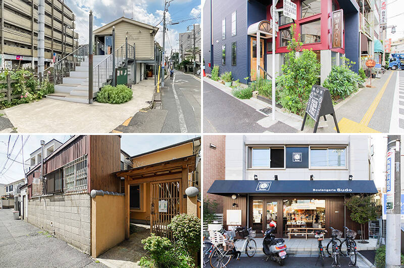 <p><b>左上・</b>「松陰神社前」駅のすぐ近くに建つ「<b>松陰PLAT</b>（プラット）」（徒歩分）。パンやクラフトビール、スケートボードetc. さまざまなキャラクターのお店が集まります 。／<b>右上・喫茶店「旭屋パーラー」</b>（徒歩６分）はゆっくり過ごしたい朝に訪れるのがおすすめ。オープンは７時半！／<b>左下・</b>住宅街にひっそり佇む「<b>一二三本店</b>（ひふみほんてん）」（徒歩７分）は、創業約80年になる老舗うなぎ割烹。／<b>右下・</b>お客さんがひっきりなしに訪れる人気のパン屋「<b>Boulangerie Sudo</b>（ブーランジェリースドウ）」（徒歩９分）。</p>