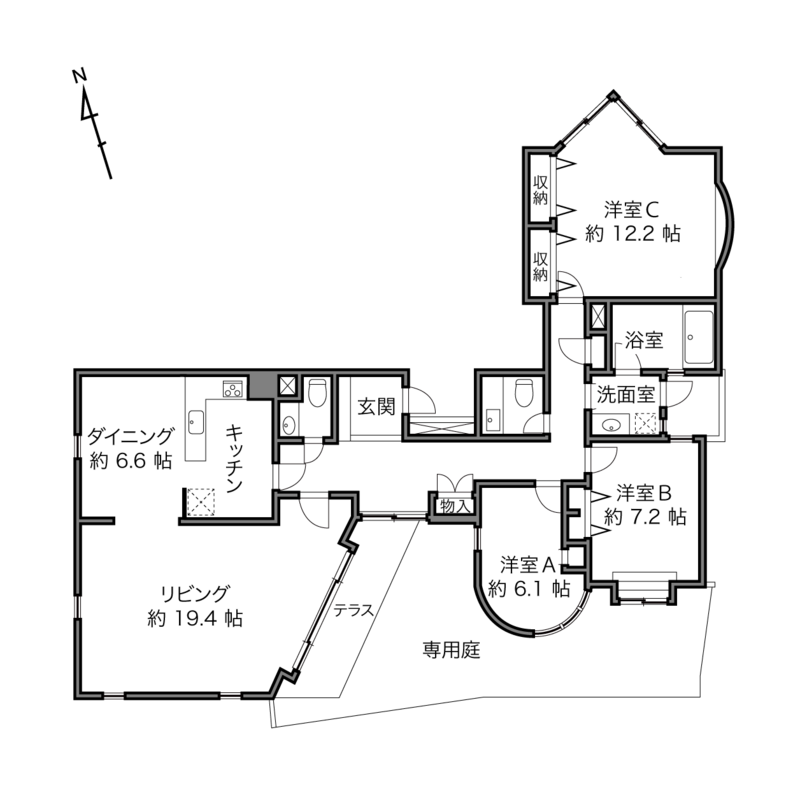 137.64㎡＋専用庭・テラス（54.42㎡）と大変広い住戸で、なおかつ形も少々複雑です。ちょっとだけ間取りを頭に入れてから入室しましょう。