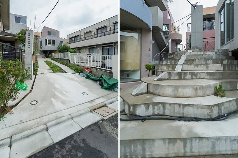 <b>左・</b>道路から建物へと引き込む、野草をあしらった長いアプローチ。戸建てではなかなかできない設えです。／<b>右・</b>棚田か、はたまたパムッカレか。物件までの間にある階段が独特の形状でオシャレなのも魅力です。