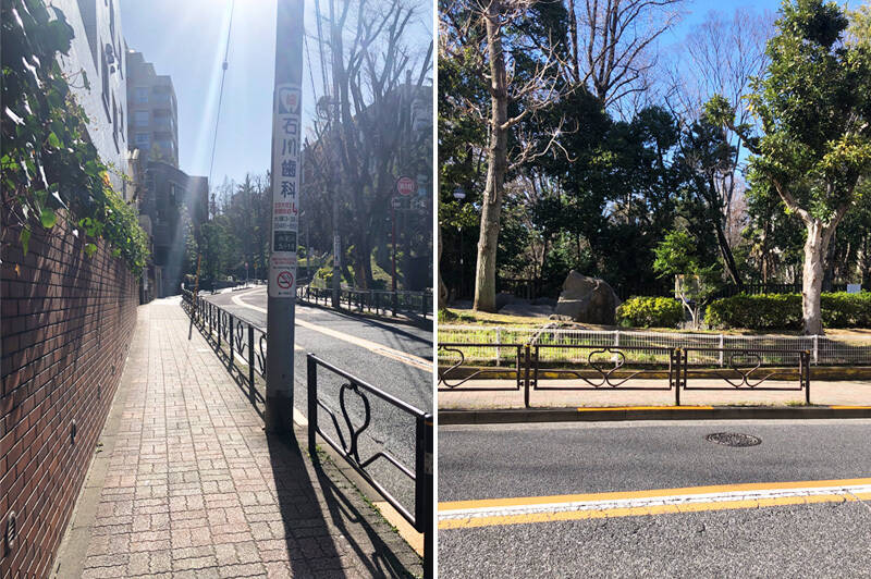 駅前の「春日通り」は交通量が多く賑やかですが、少しそれて「湯立坂」を下りはじめると急に静けさが訪れます。公園沿いを真っすぐ、緑に癒やされながら歩いた先にマンションがあります。