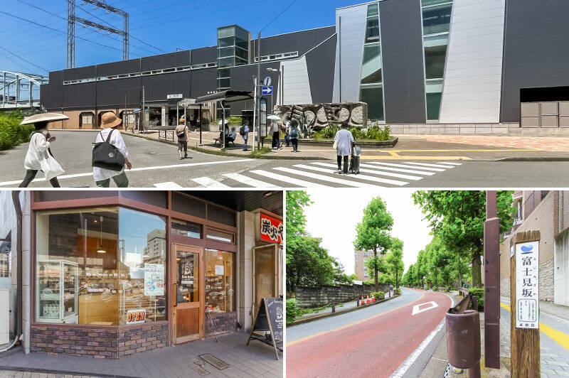 <b>上・</b>最寄り駅は東急田園都市線「宮前平」（徒歩９分）。「渋谷」までは乗車時間約26分、「二子玉川」までは約９分でダイレクトアクセス可能です。／<b>左下・</b>南口にある1974年創業の老舗ベーカリー「Hans Rosen（ハンスローゼン）」。小さなお店の前には行列ができることもしばしば。（徒歩10分）
／<b>右下・</b>物件へのアクセスルートのうちのひとつ「富士見坂」。なかなかの急勾配ですが、美しく舗装された並木道なので気分よく歩けるはずです。