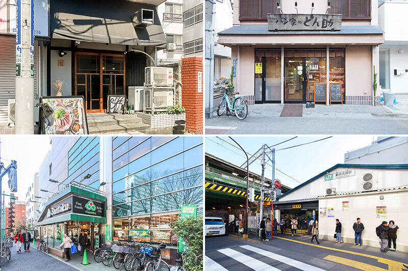 <b>左上・</b>閑静な住宅街に佇む、隠れ家居酒屋「炭火と酒と肴 七福八郎 東新宿本店」。月替わりのメニューでしっぽりとお酒を楽しめます。（徒歩２分）／<b>右上・</b>くたっとした愛らしい看板が目印のパン屋「パン家のどん助」。お手頃価格の美味しいパンが頂けます。（徒歩３分）／<b>左下・</b>大型スーパー「三徳 新宿本店」は徒歩３分の場所に。深夜０時まで営業している、心強い味方です。／<b>右下・</b>韓国グルメの聖地、「新大久保」駅も徒歩圏内なんです。（徒歩13分）