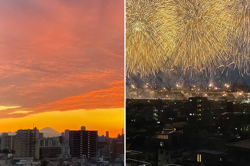 <b>左・</b>赤く染まった空の下にクッキリ見えているのは「富士山」。ご利益がありそうです。／<b>右・</b>「足立花火大会」がこんなに大きく見えるんですって！