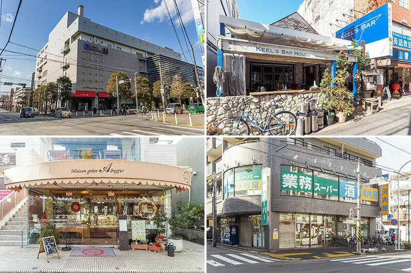 <b>左上・</b>なんと駅前には全部で７館も「TOKYU SQUARE（東急スクエア）青葉台」があり、様々なお店が揃っています。（徒歩22分）／<b>右上・</b>駅とマンションを結ぶ環状４号線沿いにある「KEEL’S BAR HOUSE AOBADAI」。本格ビストロ料理が揃うビアレストランです！（徒歩15分）／<b>左下・</b>同じ通り沿いにある洋菓子店「Maison grace Ange（メゾングラス・アンジュ）。（徒歩13分）／<b>右下・</b>近場でさくっとお買い物したいときは「業務スーパー 青葉台店」へどうぞ。（徒歩７分）