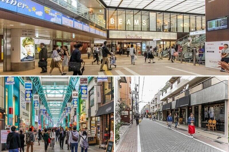 <b>上・</b>「吉祥寺」駅はふたつの商業施設「アトレ吉祥寺店」と「キラリナ京王吉祥寺」に直結しています。（徒歩３分）／<b>左下・</b>「吉祥寺サンロード商店街」は歩いているだけで楽しく、物欲をくすぐる魅惑の通り。（徒歩５分）／<b>右下・</b>オシャレなお店が軒を連ね、吉祥寺LOVERの中ではファンの多い「中道通り」。（徒歩６分）