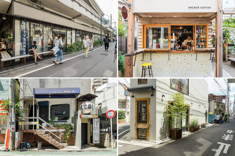 <b>左上・</b>ニューヨーク発のベーカリーカフェ「<b>THE CITY BAKERY NAKAMEGURO</b>（ザ シティ ベーカリー ナカメグロ）」といえばプレッツェルクロワッサン。バターの香りがたまらない♪（徒歩11分）／<b>右上・</b>「<b>ONIBUS COFFEE NAKAMEGURO</b>（オニバスコーヒー ナガメグロ）」の２階席からは電車と桜のコラボが楽しめます。（徒歩10分）／<b>左下・</b>「<b>BISTRO O’s</b>（ビストロオーズ）」はフォアグラ料理に定評のあるカジュアルなフランス料理店。平日の日替わりランチがおすすめです◎（徒歩11分）／<b>右下・</b>ネパール料理店「<b>ADI</b>（アディ）」のダルバートやチャイは現地を感じる本格派。（徒歩８分）