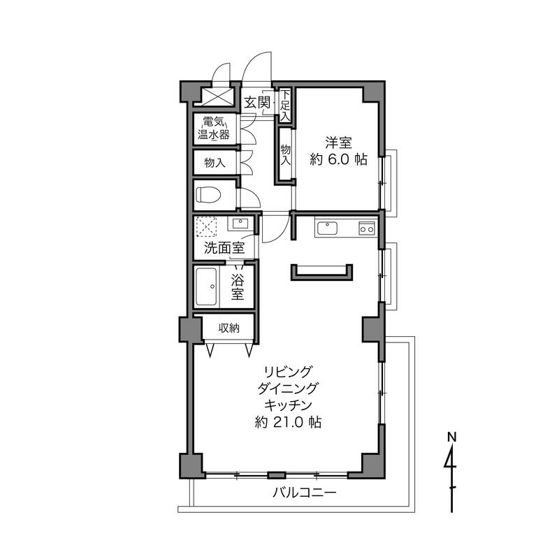 LDKに広さを振り切った1LDKの間取りです。南・東の角住戸で窓の多さが自慢です。