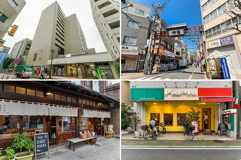 <b>左上・</b>最寄り駅は都営三田線「板橋区役所前」駅。（徒歩９分）／<b>右上・</b>趣あるゲートが出迎えてくれる「仲宿商店街」。昔ながらの八百屋、肉屋、和菓子店、惣菜店などの個人店も多く、いつも賑わっています。（徒歩７分）／<b>左下・</b>築100年の旧米屋商家をリノベーションした「板五米店（いたごこめてん）」。風情ある雰囲気に包まれておにぎりやわっぱ飯を味わえます。（徒歩７分）／<b>右下・</b>子連れでも行きやすいカジュアルイタリアン「ピアンタ仲宿店」。チリカルボナーラをぜひお試しあれ。（徒歩７分）