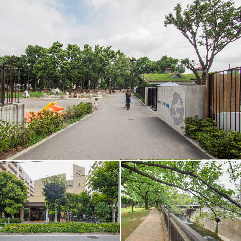 <b>上・</b>バルコニーから見える「東板橋公園」。敷地内の「板橋こども動物園」では、ポニーの乗馬やモルモットとの触れ合い、ヤギへの餌やり体験などができます。遊具やじゃぶじゃぶ池などもありますよ。区の施設なので全て無料って……いいんですか？（徒歩１分）／<b>左下・</b>大人も子どもも楽しめる「東板橋図書館」。お子さま向けのおはなし会などが定期的に行われています。（徒歩４分）／<b>右下・</b>
休日のぶらりお散歩や日々のジョギングには “石神井川周辺” がおすすめ。春には桜並木の元でお花見を♡（徒歩５分）