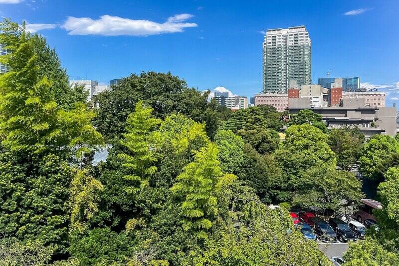 そのままバルコニーへ。グリーンの正体は「八芳園」の借景。 由緒ある「八芳園」の四季折々の移ろいを自宅で堪能できるとは、なんて贅沢な立地なのでしょう。