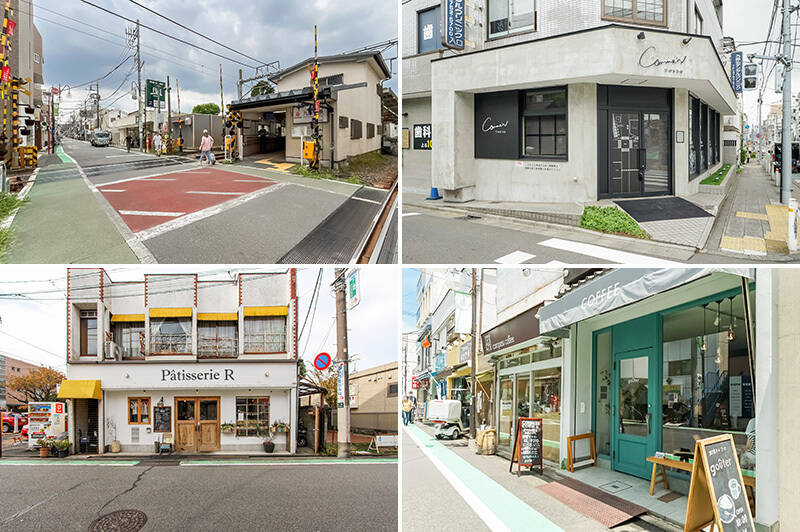 <b>左上・</b>最寄りは、東急大井町線「九品仏」駅。すぐ近くに深夜０時まで営業のスーパーがあるのは心強い。（徒歩３分）／<b>右上・</b>こちらは、ベーカリー「Comme'N TOKYO（コム・ン トウキョウ）」。店内にパンがずらりと並んでおり、テンションがあがること間違いなし！（徒歩２分）／<b>左下・</b>「Patisserie R（パティスリー エール）」は、お惣菜も販売しているスイーツ店。（徒歩３分）／<b>右下・</b>ナチュラルで落ち着いた内装のカフェ「goûter（グテ）」なら、ゆるりとくつろげます。（徒歩４分）