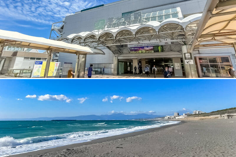 <b>上・</b>最寄りはJR「茅ヶ崎」駅（徒歩14分）。ちょっと贅沢してグリーン車に乗れば、都内まで快適に移動できますよ♪／<b>下・</b>まばゆいビーチまで自転車で15分、車で10分ほどの距離です。