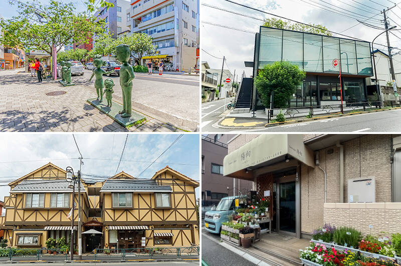 <p><b>左上・</b>最寄りは東急田園都市線「桜新町」駅。“サザエさんの街” として親しまれ、都心から近いのに穏やかな雰囲気が漂います。駅からマンションまでの通りには立ち寄りたくなるカフェやドラッグストアがあり、お買い物に便利です。（徒歩12分）／<b>右上・</b>コーヒーショップ「OGAWA COFFEE LABORATORY（オガワ コーヒー ラボラトリー）」。常時21種類以上のコーヒー豆が用意されており、食事メニューも豊富で毎日でも通いたくなるお店です。（徒歩10分）／<b>左下・</b>1987年の開店から根強い人気のベーカリー「ベッカライ・ブロートハイム」。ドイツパンを中心としたラインナップで、お隣には併設のカフェも♪（徒歩９分）／<b>右下・</b>向かいには「flower shop 陽向」が。旬なお花を持ち帰りたくなりますね。（徒歩９分）</p>