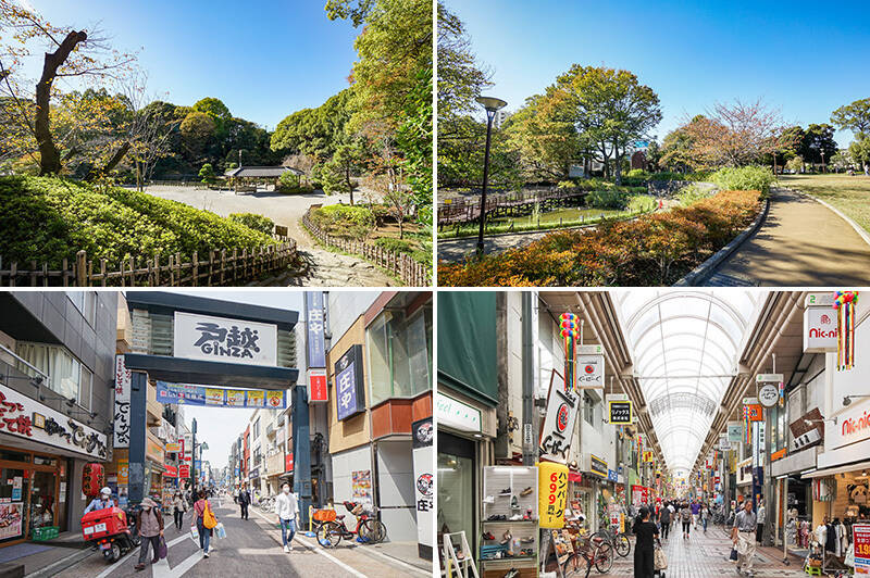 <b>左上・</b>駅名の由来の「戸越公園」は、江戸時代の庭園を感じる街のシンボル的スポットです。池あり滝あり渓谷あり、季節の植栽が精神を潤してくれますよ。（徒歩４分）／<b>右上・</b>愛犬とのお散歩なら「文庫の森」がおすすめ。こちらも自然豊かで、ピクニックスポットとしても人気です。（徒歩５分）／<b>左下・</b>食べ歩きの名所として知られる、都内最長の名物商店街「戸越銀座商店街」がご近所に。ゲストを連れて行って散策したい！（徒歩13分）／<b>右下・</b>休日はお散歩を兼ねて「武蔵小山商店街PALM」でのショッピングはいかが。たまに目を疑うほど安い掘り出し物があるので、ここクセになるんですよね〜。（徒歩19分）