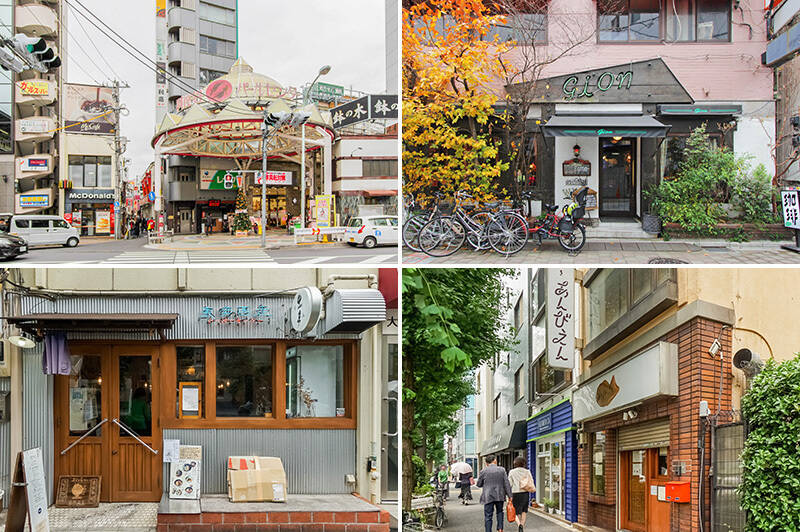 <b>左上・</b>最寄りは東京メトロ丸の内線「南阿佐ケ谷」駅（徒歩５分）ですが、JR中央線「阿佐ヶ谷」駅（徒歩12分）も利用できます。マンションからは、すずらん通りを抜けて、アーケード商店街「阿佐谷パールセンター」を進むのが最短ルート。／<b>右上・</b>そんな「阿佐ヶ谷」駅前にある純喫茶「gion（ギオン）」。個性的なナポリタンが絶品です。（徒歩11分）／<b>左下・</b>「南阿佐ケ谷」駅方面にも、青梅街道沿いに美味しそうなお店がズラリ。「東奔西走（トーホーセーソー）」は、うどん好きなら絶対にハマるはず！ 数週間ごとに限定メニューが登場するので、何度でも通いたくなります。（徒歩３分）／<b>右下・</b>おやつに甘いものを食べたいときは、「たいやき あんびえん」のあんこがぎっしり詰まった鯛焼きをどうぞ。“あんこオタク” を自称する店主が、ひとつひとつ丁寧に焼き上げてくれます。（徒歩３分）