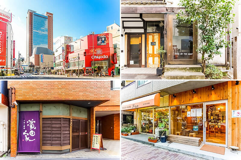 <b>左上・</b>舞台は「三軒茶屋」。おしゃれなカフェからディープな飲み屋まで楽しめるエリアです。東急田園都市線と東急世田谷線が利用できます。（徒歩10分）／<b>右上・</b>「RAIN ON THE ROOF（レインオンザルーフ）」。落ち着いた古民家風のカフェでゆったりと過ごせます。（徒歩10分）／<b>左下・</b>世田谷通り沿いに佇むパン屋「濱田家 三軒茶屋本店」。豆パンが名物で、口コミでも好評の声多数！（徒歩６分）／<b>右下・</b>コーヒショップ「Obscura Mart（オブスキュラマート）」。お好みの豆を購入して、ご自宅で味わい深いコーヒーを楽しめます。（徒歩４分）