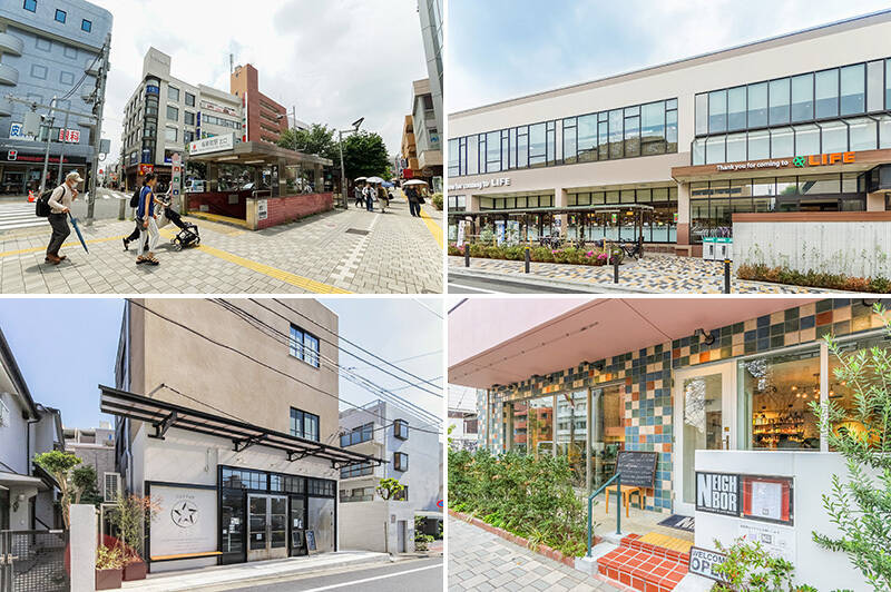 <b>左上・</b>最寄りは、東急田園都市線「桜新町」駅。駅前の通りにはサザエさんの銅像が立っており、和やかな雰囲気です。「渋谷」駅まで乗り換えなしでアクセスできるのもうれしい。（徒歩15分）／<b>右上・</b>日用品の買い物なら大型スーパー「ライフ桜新町店」へ。深夜０時まで営業しています。（徒歩９分）／<b>左下・</b>「815 Coffee Stand（コーヒースタンド）」。住宅街に佇む雰囲気のいいカフェで、ゆったりとくつろげます。（徒歩10分）／<b>右下・</b>フランス料理店「NEIGHBOR（ネイバー）」では、ジャズなどのライブ演奏を聴きながら、美味しい料理をいただけます。（徒歩12分）