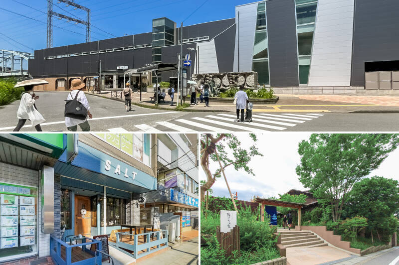 <b>上・</b>最寄り駅は東急田園都市線「宮前平」。ビッグターミナル「渋谷」までは各駅停車で乗車時間約25分の距離です。（徒歩12分）／<b>左下・</b>駅の南口にあるイタリアンレストラン「SALT（ソルト）」。平日もお昼時は家族連れのお客さんでいっぱいです。（徒歩12分）／<b>右下・</b>このエリアと言えば「宮前平温泉 湯けむりの庄」。 度々メディアに取り上げられ、遠方から訪れる方もいらっしゃる人気の温泉施設です。徒歩で通えるなんてうらやましい……！（徒歩12分）