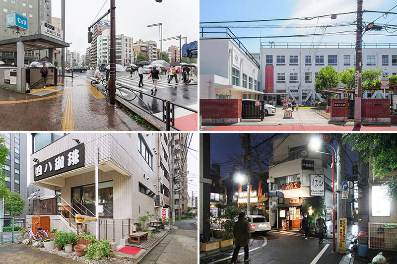 <b>左上・</b>最寄りは、東京メトロ丸の内線「四谷三丁目」駅。「新宿」駅までは電車利用で約４分と、アクセスに優れています。（徒歩５分）／<b>右上・</b>ルーフテラスから見える美術館「東京おもちゃ美術館」。日本伝統のおもちゃや世界から集めたおもちゃを鑑賞できるだけでなく、実際に手にとって遊ぶこともできますよ。（徒歩１分）／<b>左下・</b>アットホームな雰囲気が親しまれている喫茶店「四八珈琲」（徒歩４分）。スイーツを楽しみながら美味しいコーヒーがいただけます。／<b>右下・</b>昔ながらの雰囲気が残る飲み屋街「荒木町」も徒歩圏内。「とんかつ鈴新」はテレビ取材も多く入る老舗店です。（徒歩９分）