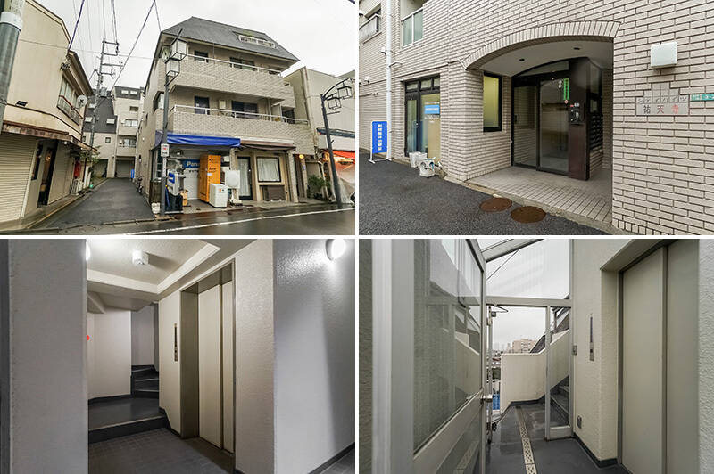 <b>左上・</b>奥に建物が続く、Ｌ字型の形のマンション。道路側には店舗が入居しており、横の道を進むとマンションの入り口があります。／<b>右上・</b>オートロック付きのエントランス。／<b>左下・</b>エントランスを入って少し進んだ先にエレベーターホールがあります。／<b>右下・</b>住戸は最上階の５階。奥の階段を登ると住戸の玄関です。