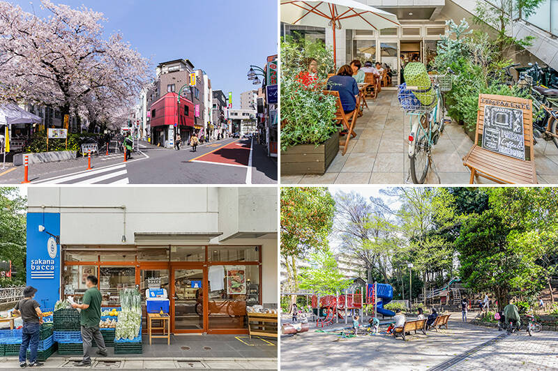 <b>左上・</b>マンションの横を走る「呑川緑道」は駅のすぐそばまで続いています。春には桜が満開に♡（徒歩１分）／<b>右上・</b>「TRASPARENTE（トラスパレンテ）都立大学店」で焼きたてパンをどうぞ。（徒歩８分）／<b>左下・</b>新鮮なお魚が手に入る「sakana bacca都立大学」。（徒歩７分）／<b>右下・</b>住戸のバルコニーから右手を見ると緑がこんもりした一角があり、その正体がこちらの「中根公園」。お子さまの遊び場にぴったりです。（徒歩２分）