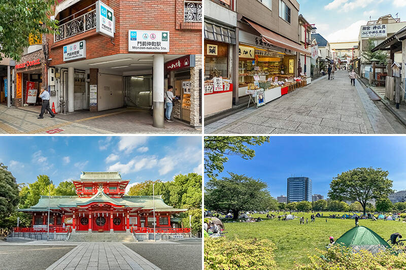 <b>左上・</b>マンションから最寄り駅の東京メトロ東西線・大江戸線「門前仲町」までは徒歩８分。／<b>右上・</b>「門前仲町」駅を出てすぐの「人情深川ご利益通り」。和菓子屋や江戸小物店などでにぎわう、どこか懐かしい雰囲気の商店街です。（徒歩７分）／<b>左下・</b>「門前仲町」駅からマンションに向かう途中には「富岡八幡宮」が。（徒歩５分）／<b>右下・</b>緑豊かな「木場公園」もすぐ近く。テニスコートやバーベキュー場など充実した施設が揃っています。（徒歩９分）