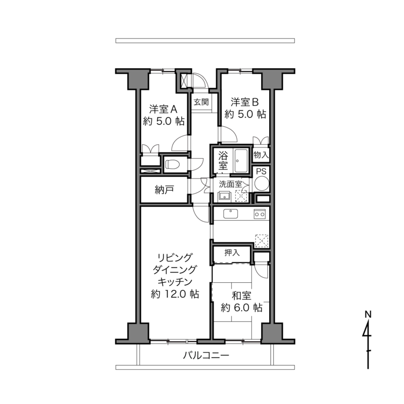 専有面積はは73.38㎡。現況の間取りは3LDKです。どうリノベーションをするか、ぜひ妄想を膨らませながらご覧くださいね。