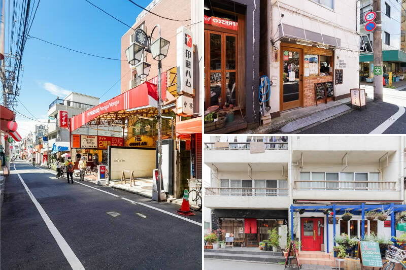 <b>左・</b>駅〜マンション間には「不動通り商店街」が。駅前の都会らしい様相から一転、穏やかな空気が流れています。（徒歩４分）／<b>右上・</b>「GET BETTER coffee&amp;sandwich（ゲットベター コーヒーアンドサンドウィッチ）」は、ホットサンドや焼き菓子がいただけるコーヒースタンド。（徒歩４分）／<b>右下・</b>ボリューミーなイタリア料理が楽しめる「イタリア食堂 ジュン」。ピザやパスタは豊富な種類を取り揃えていますよ。（徒歩７分）