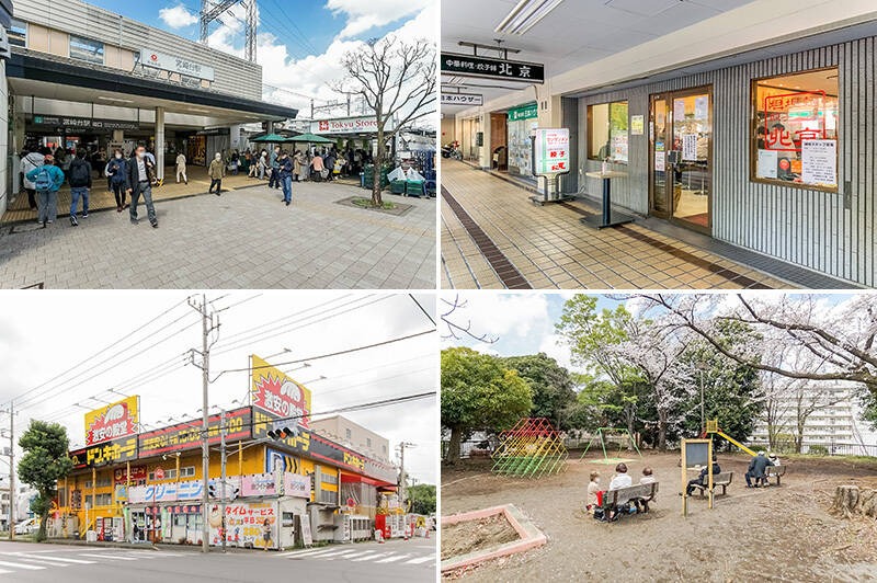 <b>左上・</b>マンションの最寄りは<b>田園都市線の各駅停車駅「宮崎台」（徒歩７分）</b>。スーパーは駅直結の「<b>東急ストア 宮崎台店</b>」があるだけでなく、駅の北側にはライフやオーケーなどもありますよ。／<b>右上・</b>地元で評判の町中華「<b>北京 川崎宮崎台店</b>」。餃子や坦々麺が名物！／<b>左下・</b>家の近くにあると便利な「<b>MEGAドン・キホーテ 東名川崎店</b>」。（徒歩７分）／<b>右下・</b>「<b>川崎市 宮崎こども文化センター</b>」も併設した「第一公園」。徒歩２分の距離なので、安心して通うことができそうです。