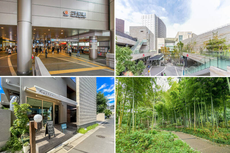 <b>左上・</b>最寄りは東急田園都市線「二子玉川」駅。（徒歩15分）／<b>右上・</b>駅前に広がる商業施設「二子玉川ライズショッピングセンター」。ショッピング施設やレストラン、映画館などなんでも揃っています。（徒歩16分）／<b>左下・</b>住宅街にひっそり佇む「日本ワインと天然酵母ピッツァ Cotton（コットン）」は、店主こだわりのモチモチピザが人気。（徒歩７分）／<b>右下・</b>洋室の窓から見えたグリーンは「瀬田四丁目旧小坂緑地」（徒歩１分）。マンション近くには「岡本静嘉堂緑地」もあって、自然に溢れています。