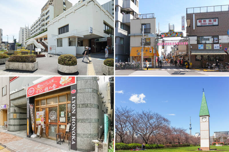 <b>左上・</b>最寄り駅は都営新宿線「西大島」（徒歩９分）。「新宿」駅まで乗車時間24分でアクセス可能。ひと駅隣の「住吉」駅からは半蔵門線を利用できますよ。／<b>右上・</b>テレビでもたびたび紹介されている「砂町銀座商店街」。お惣菜屋さんも多く、食べ歩きも楽しめちゃう商店街です。（徒歩10分）／<b>左下・</b>地元の方たちに人気の「パン工房リヨン穂の香」。調理パンが豊富です。（徒歩７分）／<b>右下・</b>広大な面積を誇る「猿江恩賜公園」。テニスコートや野球場などの施設が揃い、大人から子どもまで楽しめますよ。（徒歩18分）