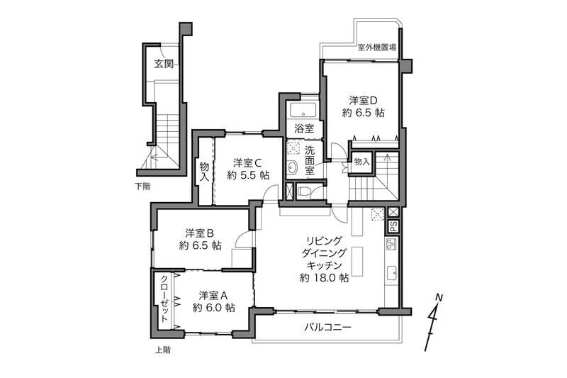 下階に玄関があるメゾネットタイプの住戸。専有面積約96㎡で、ゆとりある4LDKの間取りです。各居室や浴室にまで窓があり、なかなか快適に過ごせそう。